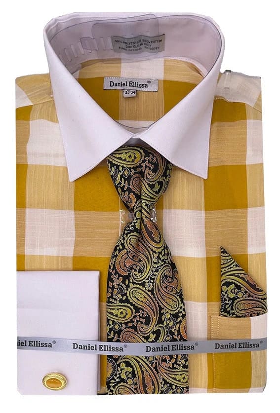 Men's Contrast Collar & French Cuff Picnic Plaid Dress Shirt Set In Mustard Yellow