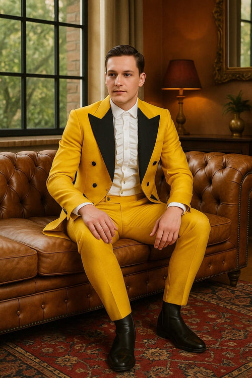Mens Yellow Tailcoat Tuxedo with Black Lapel and Brocade Detailing â€“ Formal Vintage Style Suit