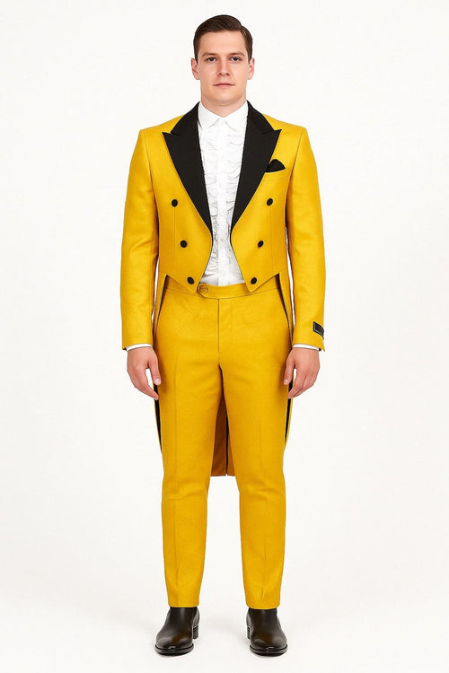 Mens Yellow Tailcoat Tuxedo with Black Lapel and Brocade Detailing â€“ Formal Vintage Style Suit