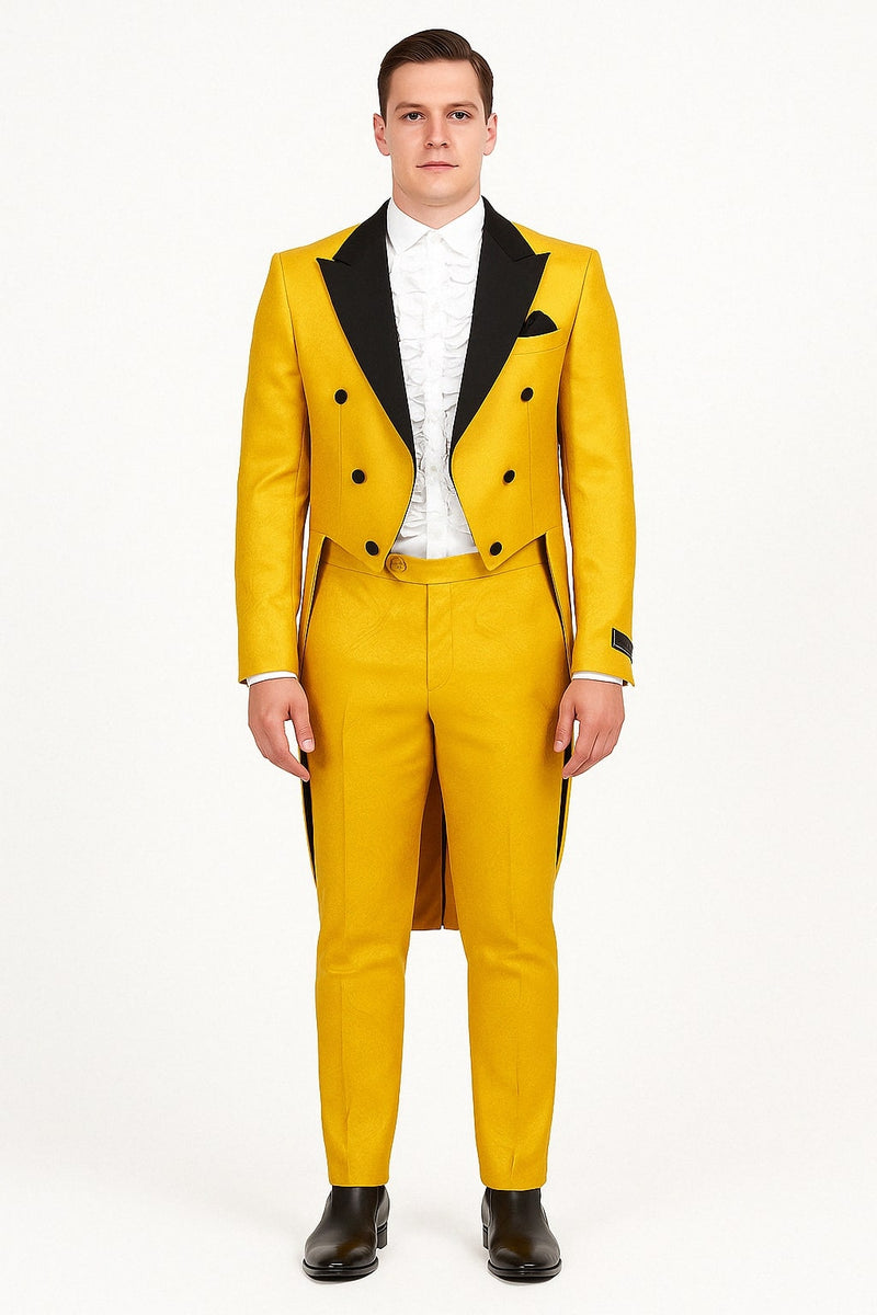 Men's yellow tailcoat tuxedo with black lapel and brocade. Fitted, double-breasted jacket, paired with matching trousers. Smooth, structured fabric. Vintage formal style.
