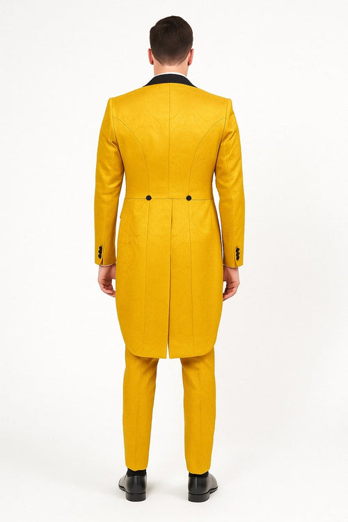 Mens Yellow Tailcoat Tuxedo with Black Lapel and Brocade Detailing â€“ Formal Vintage Style Suit