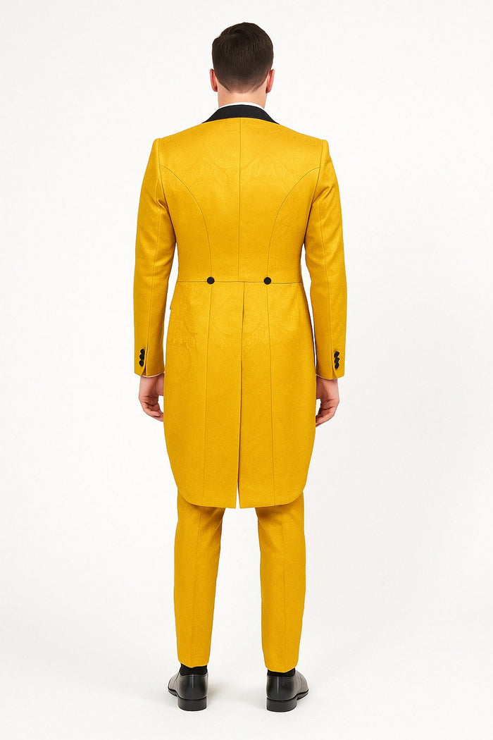 Yellow tailcoat tuxedo. Structured back, tailored fit, black lapel. Brocade texture, vintage style. Long back, two buttons. Matching yellow trousers.
