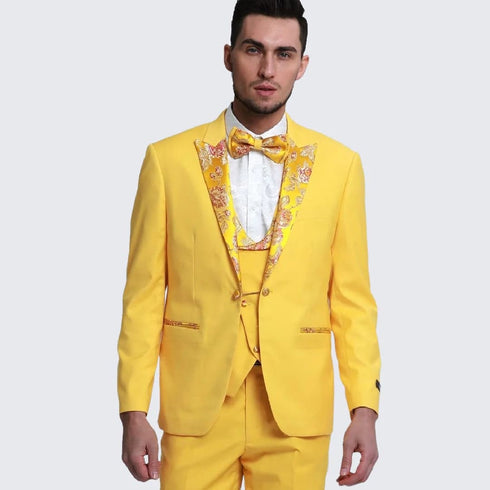 Gold Suit For Prom - Gold Blazer + Matching Pants + Yellow Tuxedo with Floral Pattern Peak Lapel 4-Piece Set - Wedding - Prom