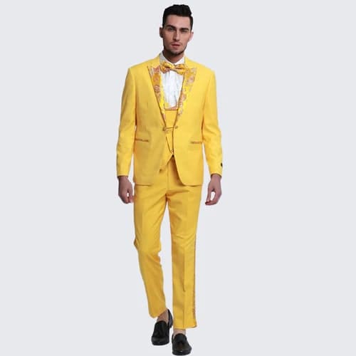 Gold Suit For Prom - Gold Blazer + Matching Pants + Yellow Tuxedo with Floral Pattern Peak Lapel 4-Piece Set - Wedding - Prom