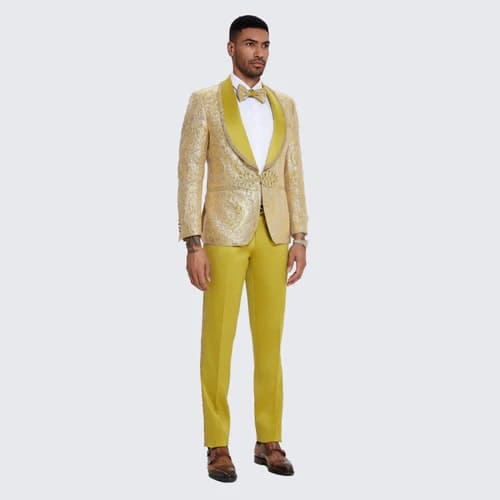 Gold Suit For Prom - Gold Blazer + Matching Pants + Men's Yellow Tuxedo with Gold Textured Paisley Design- Wedding - Prom