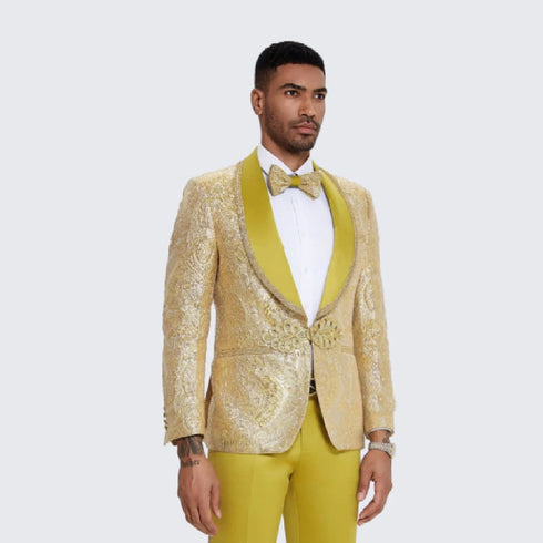 Gold Suit For Prom - Gold Blazer + Matching Pants + Men's Yellow Tuxedo with Gold Textured Paisley Design- Wedding - Prom