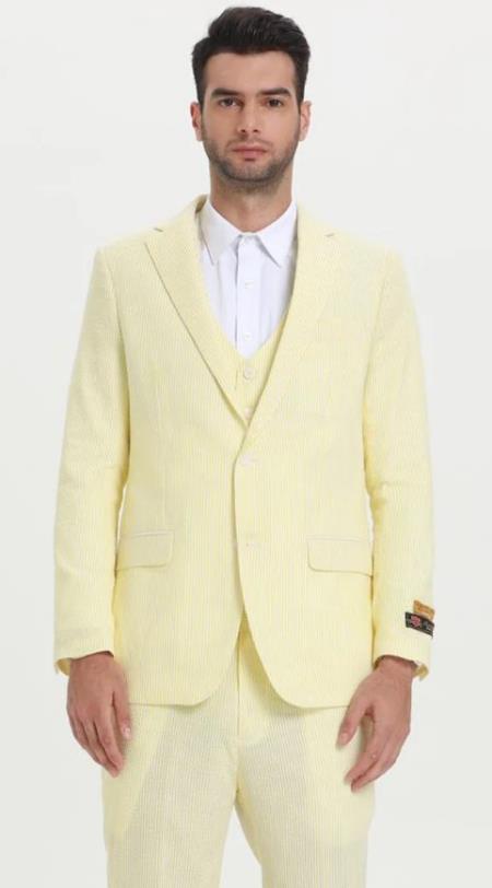 Men's Notch Label Orange Colour Summer Seersucker Fabric Jacket + Pants 3 Piece Suit