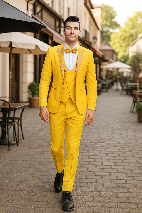 Golden yellow men's three-piece suit with floral peak lapels. Includes a fitted jacket (single-button, 2 pockets), vest, and slim-fit trousers. Features a white shirt and yellow bow tie.