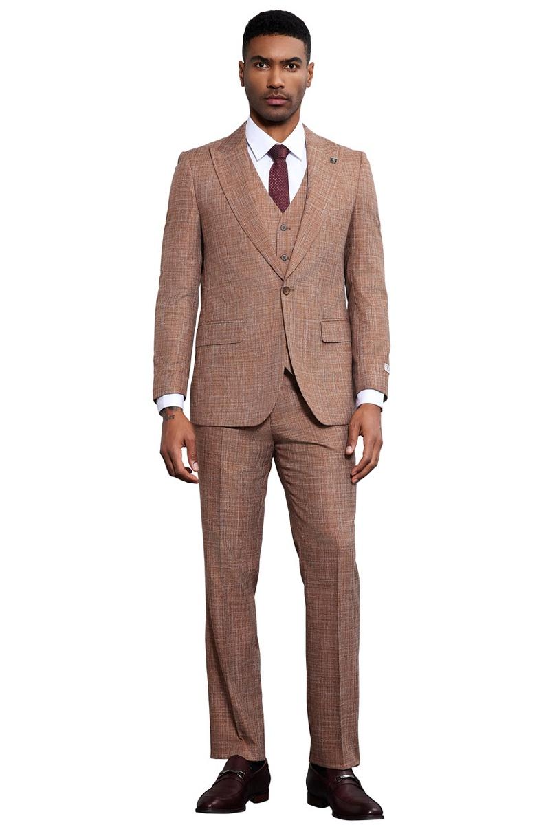 Rust-colored Stacy Adams men's suit with sharkskin weave. Three-piece: single-breasted jacket (notched lapel, pockets), vest (buttons), and straight-leg trousers. Tailored for a fitted look.
