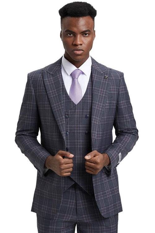 Men's Stacy Adams peak lapel double-breasted vest suit in charcoal grey plaid features a checkered pattern with shades of grey and subtle purple accents, constructed from a textile fabric.