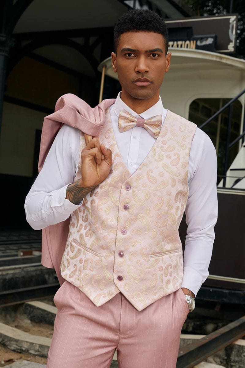 "Mens Stacy Adams Suit -Stacy Adams Men's Modern Vested Suit - One Button, Rose Pink Pinstripe"