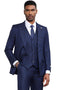 Navy blue Stacy Adams classic suit. One-button jacket, matching five-button vest, and tailored fit. Windowpane pattern with navy and lighter blue. Sharp lapels, structured design.
