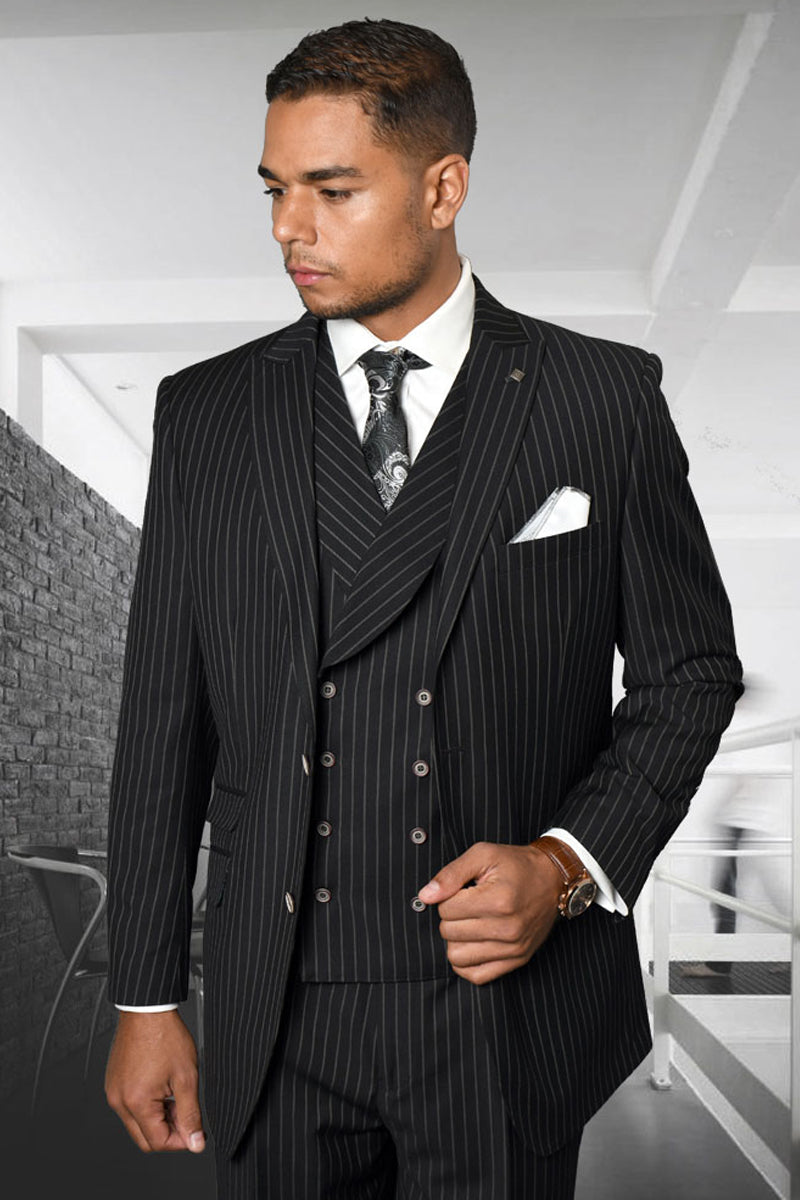 Men's Designer Wool Flat Front Pant Vested Suit in Bold Black Gangster Pinstripe