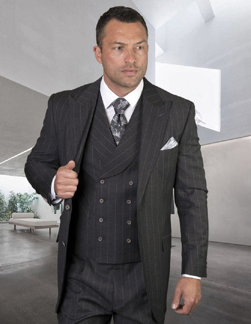 Mens Classic Fit Pleated Pant Wide Wool Suit with Double Breasted Vest in Grey Pinstripe