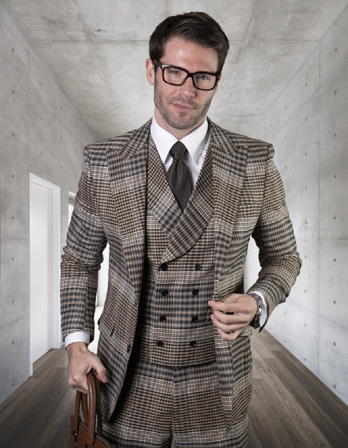 Men's classic-fit, tan plaid wool suit. Features a 2-button jacket, peak lapels, double-breasted vest, and matching trousers. Offers a textured, formal look.