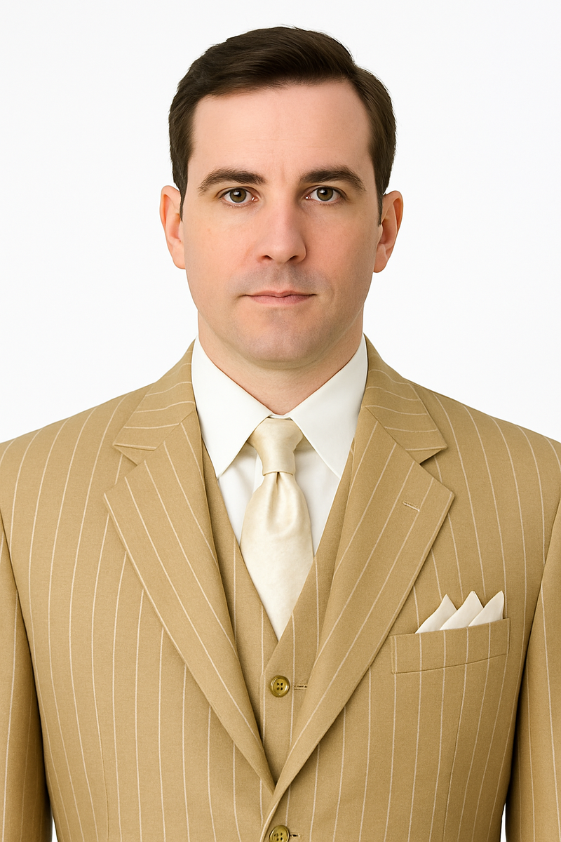 Beige pinstripe 3-piece suit: jacket (notched lapels, 2 buttons), vest, flat-front trousers. Smooth fabric, light vertical stripes. Light tie, dress shirt, vest buttons visible, pocket square.
