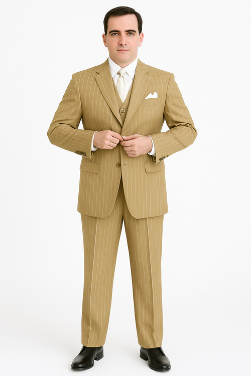 Beige pinstripe three-piece suit. Single-breasted jacket with notch lapels, waistcoat, and flat-front trousers. Tailored fit. Vertical pinstripe. Jacket has pockets and a white pocket square. Straight leg trousers.
