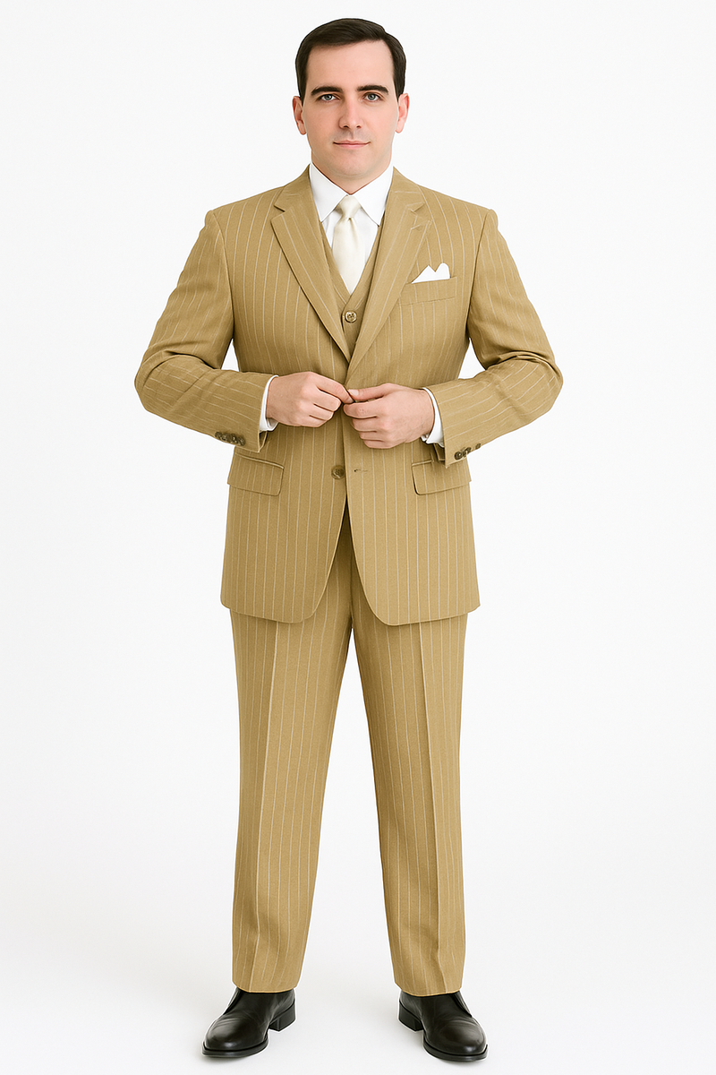 Beige pinstripe three-piece suit. Single-breasted jacket with notch lapels, waistcoat, and flat-front trousers. Tailored fit. Vertical pinstripe. Jacket has pockets and a white pocket square. Straight leg trousers.
