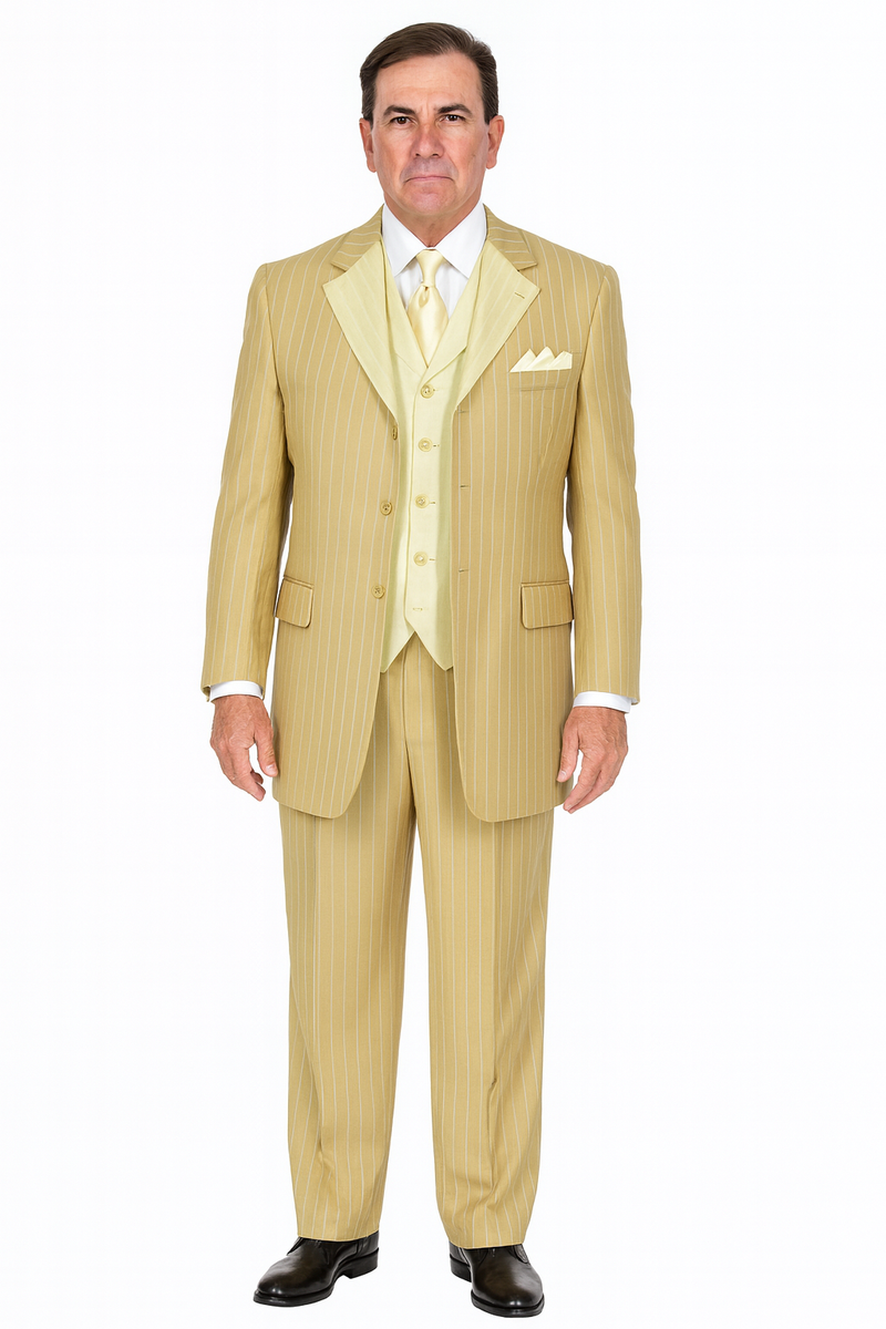 Beige pinstripe 3-piece suit: double-breasted blazer, waistcoat & trousers. Lightweight fabric, vertical pinstripes. Blazer: 2 pockets & pocket square. Color: beige w/ cream accents. Straight-leg trousers.