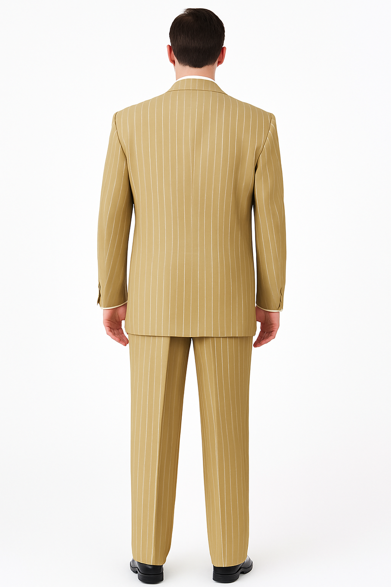 Beige pinstripe 3-piece suit: tailored jacket, trousers, and waistcoat. Features vertical white pinstripes on smooth fabric. Jacket: structured with broad lapel. Trousers: straight fit. Muted beige color.