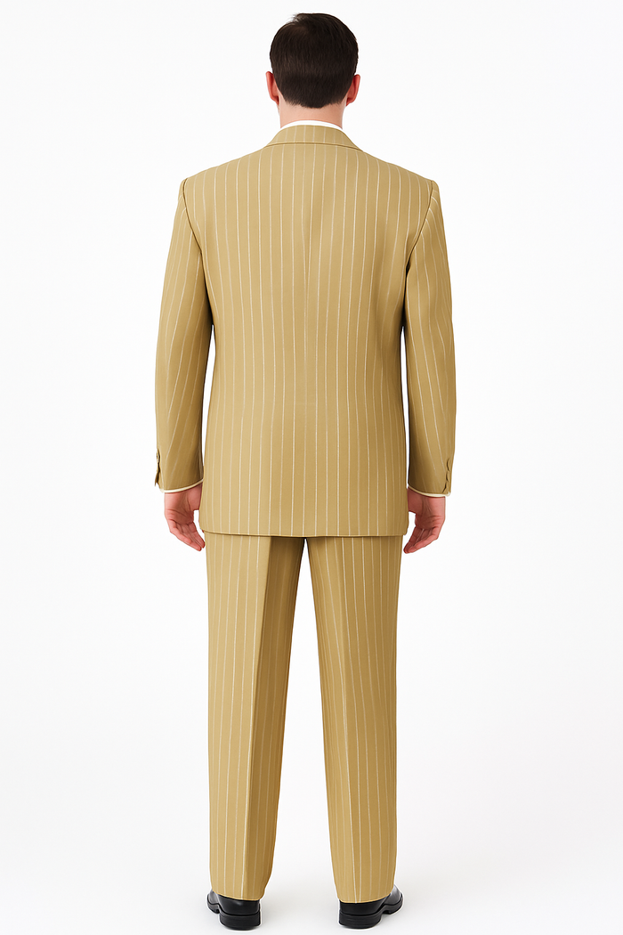 Beige pinstripe 3-piece suit: tailored jacket, trousers, and waistcoat. Features vertical white pinstripes on smooth fabric. Jacket: structured with broad lapel. Trousers: straight fit. Muted beige color.