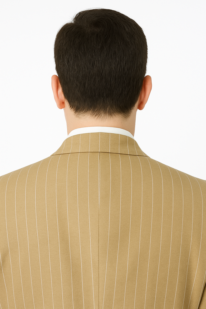 Beige pinstripe three-piece suit. Tailored fit with vertical white pinstripes. Single back vent, rounded lapels. Smooth fabric.
