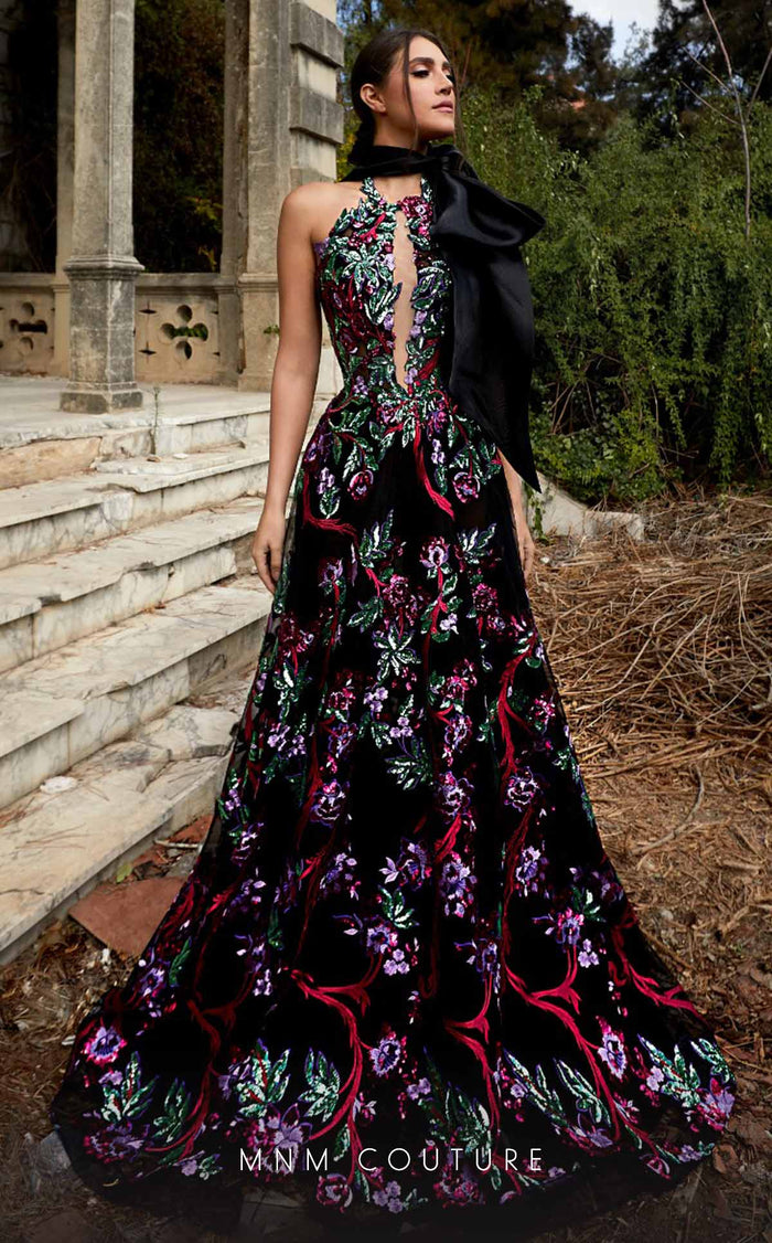 MNM Couture K3951 Black Floral Embroidered Halter Evening Gown
