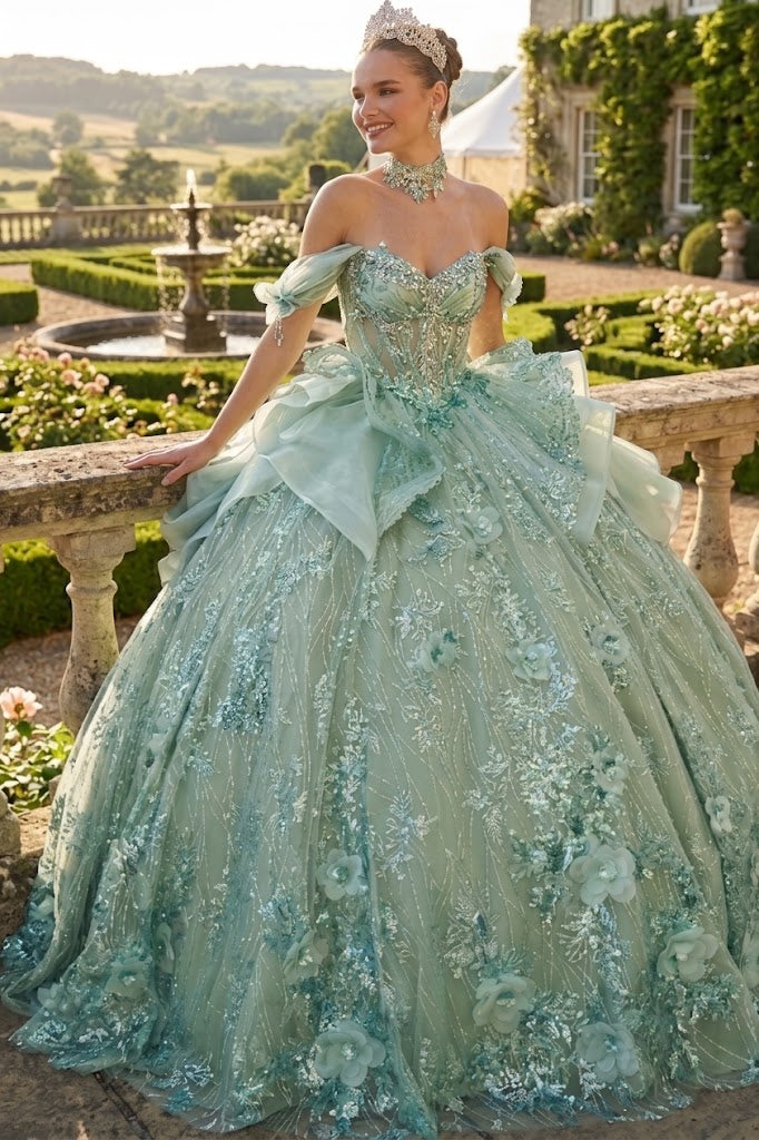 Off-Shoulder Sweetheart Beaded Corset Glitter Ball Gown Quinceañera Dress by Layla K LK313