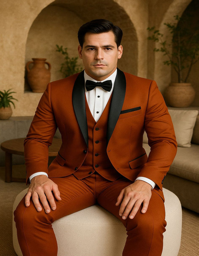 Men's Burnt Orange Tuxedo Suit 3-Piece Slim Fit with Black Satin Shawl Lapel