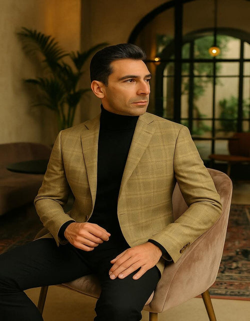 Men's Light Brown Plaid Sport Coat â€“ Classic Check Blazer for Business and Casual Wear in Tan Windowpane Taupe Color