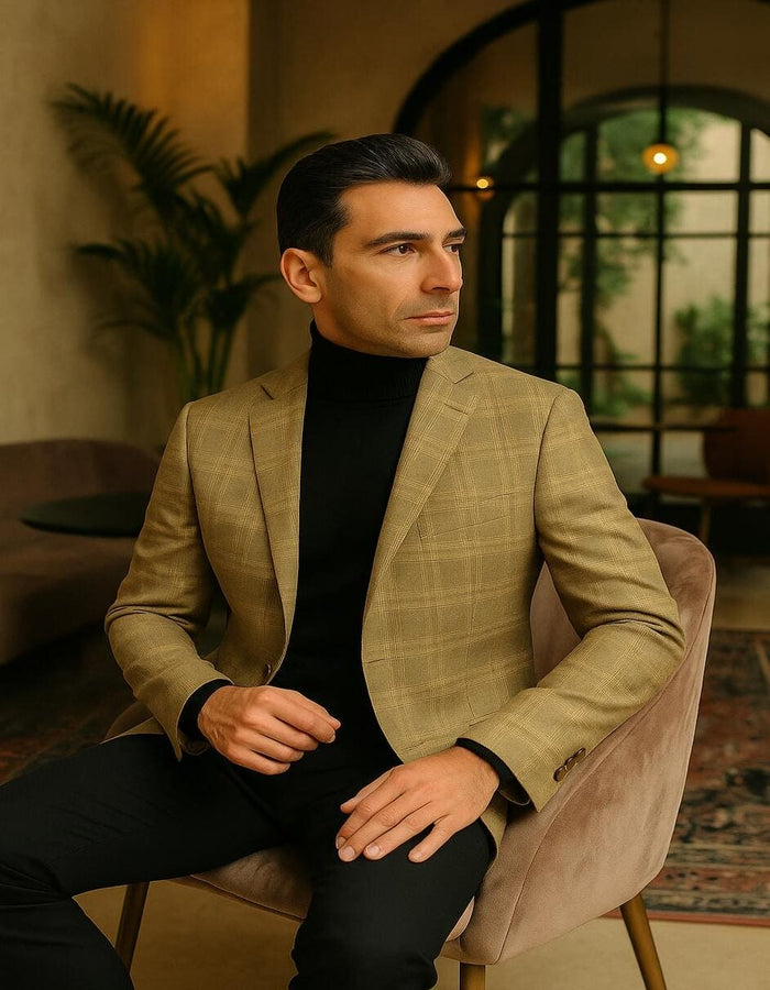 Men's Light Brown Plaid Sport Coat â€“ Classic Check Blazer for Business and Casual Wear in Tan Windowpane Taupe Color