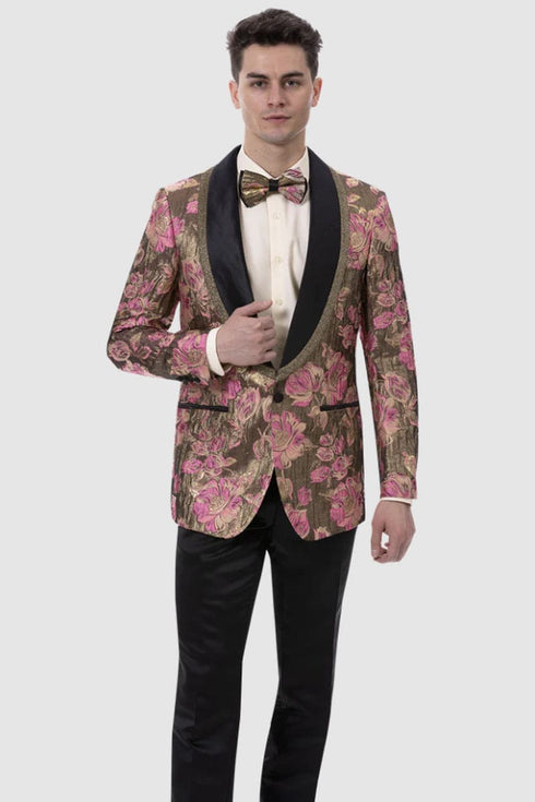 "Vintage Floral Paisley Men's Prom 2025 Tuxedo Smoking Jacket - Fuschia & Gold"