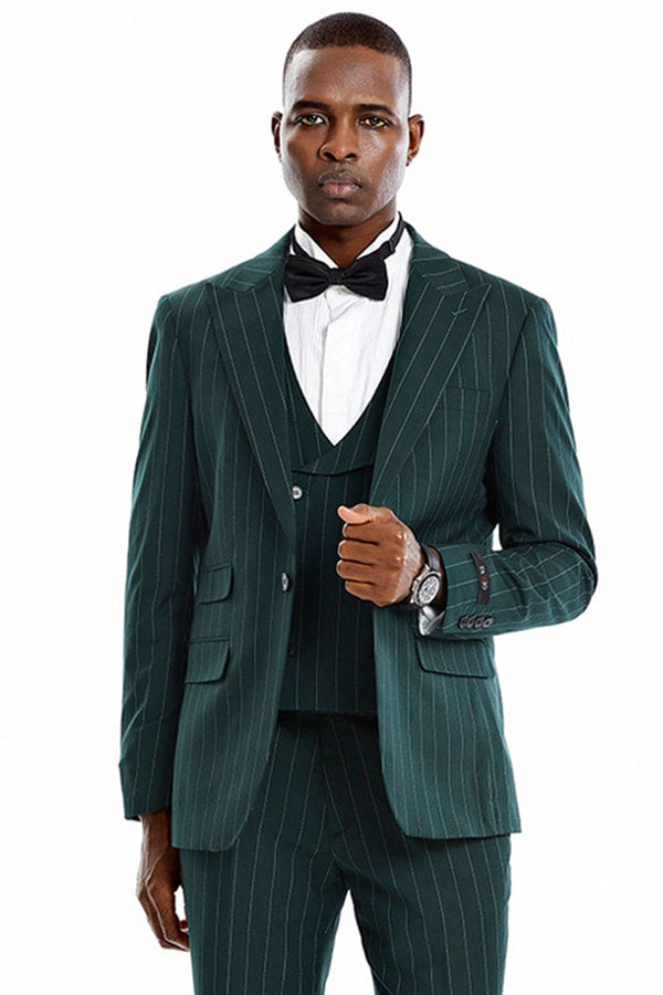 "Men's Pinstripe Suit - One Button Vested Wide Peak Lapel in Hunter Green"