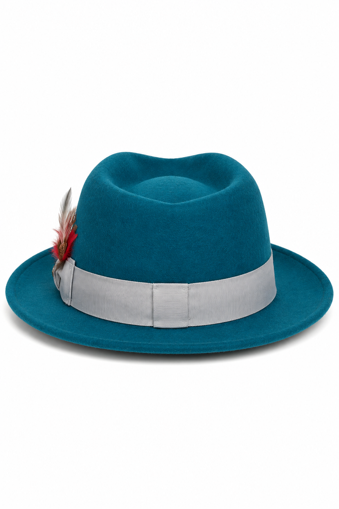 Gangster 100% Australian Wool Crushable Mens Fedora Hat - Removable Feather Gangster Look Brimmed Mens Fedora Hat