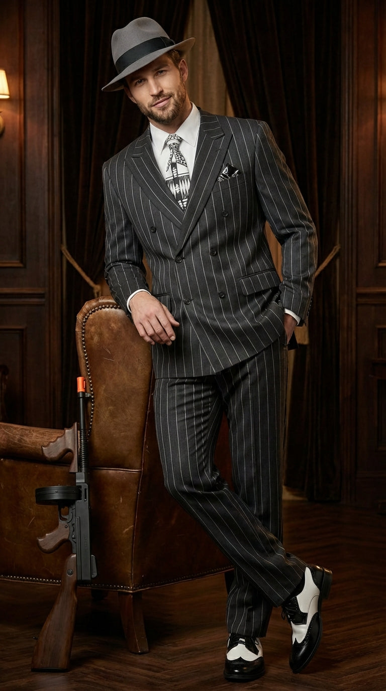 Mens Black Pinstripe AI Capone Suit – Vintage 1920s Gangster Style Three Piece Formal Suit