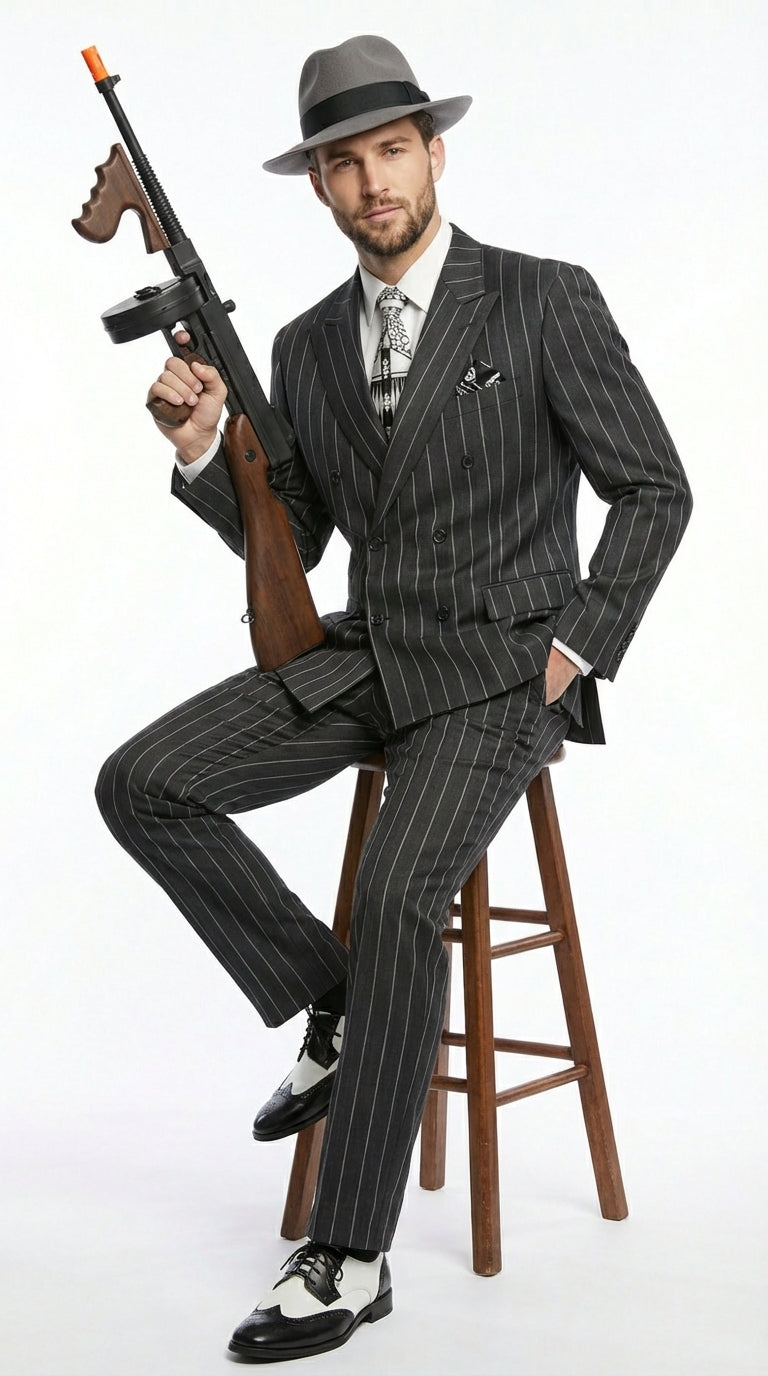 Mens Black Pinstripe AI Capone Suit – Vintage 1920s Gangster Style Three Piece Formal Suit