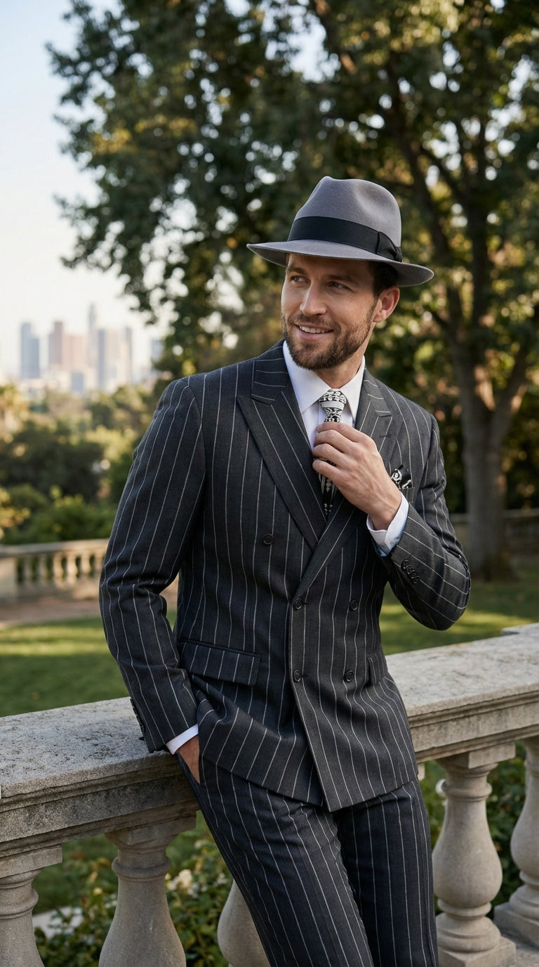 Mens Black Pinstripe AI Capone Suit – Vintage 1920s Gangster Style Three Piece Formal Suit