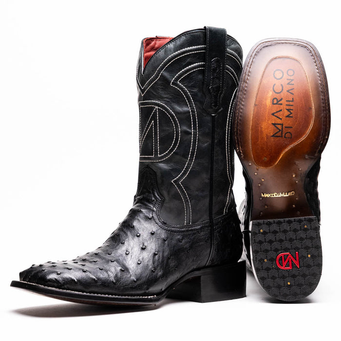 Marco Di Milano Alabama cowboy boots. Black ostrich quill leather upper, square toe, and decorative stitching. Red lining, leather sole, and patterned rubber outsole with branding.
