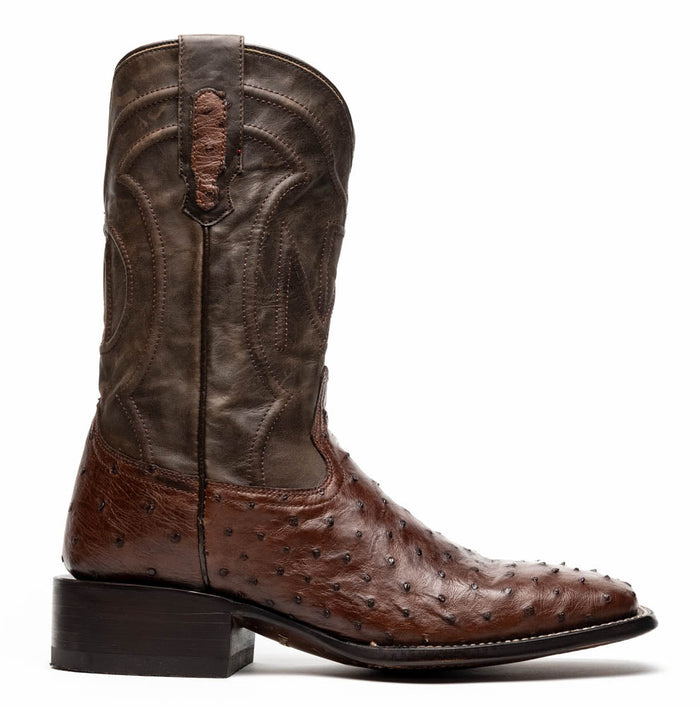 Dark brown ostrich leather Marco Di Milano cowboy boots. Features: square toe, stacked heel, textured base, contrasting grey upper, decorative stitching.
