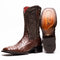 Marco Di Milano Alabama Kango Tabac cowboy boots with square toe. Dark brown ostrich quill & leather. Intricate stitched shaft, red lining, block heel, and textured rubber sole for grip. "Marco Di Milano" branding.

