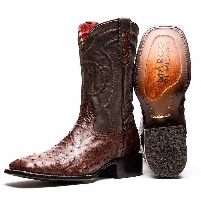 Marco Di Milano Alabama Kango Tabac cowboy boots with square toe. Dark brown ostrich quill & leather. Intricate stitched shaft, red lining, block heel, and textured rubber sole for grip. "Marco Di Milano" branding.
