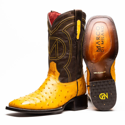 Marco Di Milano Alabama cowboy boots. Yellow ostrich quill and dark brown leather. Square toe, prominent stitching, smooth leather sole. Red lining, dual-tone design.
