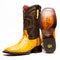 Marco Di Milano Alabama cowboy boots. Yellow ostrich quill and dark brown leather. Square toe, prominent stitching, smooth leather sole. Red lining, dual-tone design.
