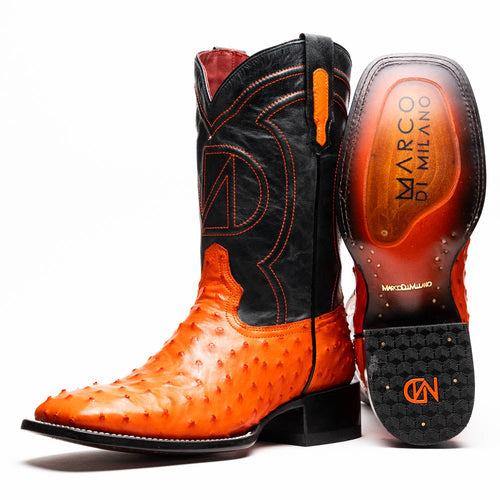 Marco Di Milano Alabama cowboy boots. Orange ostrich quill square toe with black leather shaft. Features orange stitching, red interior, and branded hexagonal sole.
