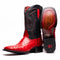 Marco Di Milano Alabama cowboy boots. Bright red ostrich quill upper & black shaft. Square toe, low stacked heel. Decorative stitching. Branded sole with textured grip.
