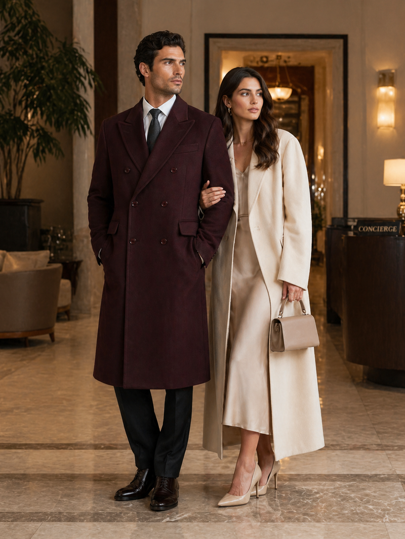 Mens Overcoat -Mens Long Wool Topcoats- Topcoat For Men-Mens Double breasted Overcoat - "Mehroon" Double breasted Coat