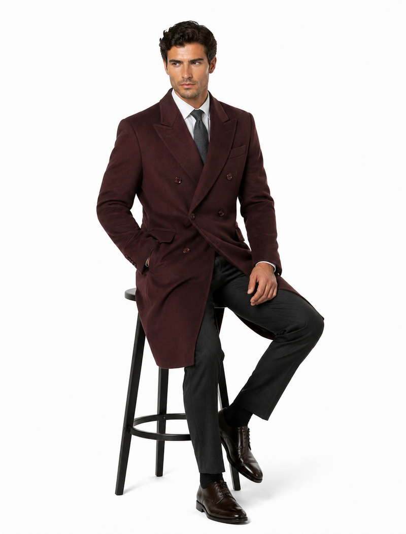Mens Overcoat -Mens Long Wool Topcoats- Topcoat For Men-Mens Double breasted Overcoat - "Mehroon" Double breasted Coat