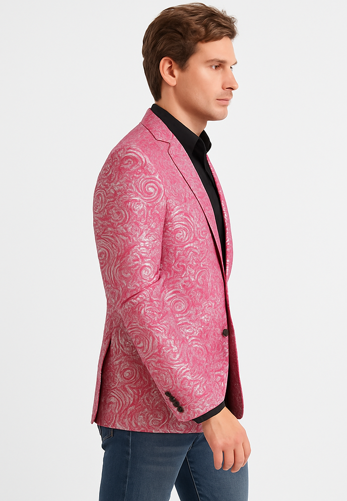 Alberto Nardoni Brand Fashion Men's shiny Fuchsia ~ black lapel blazer fashion pink sportcoat