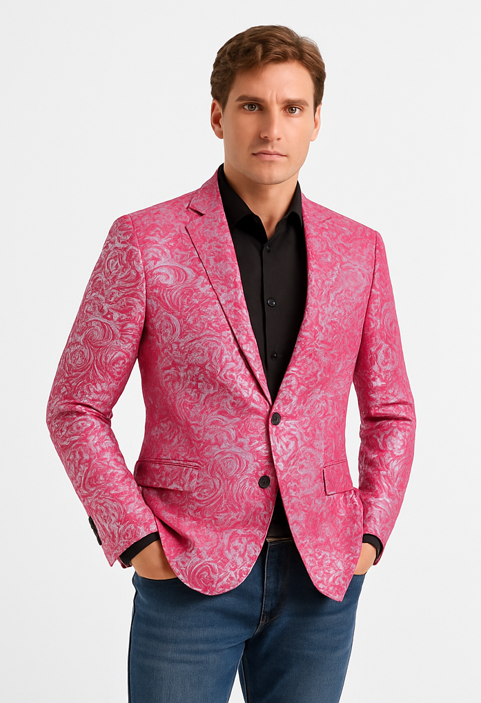 Alberto Nardoni Brand Fashion Men's shiny Fuchsia ~ black lapel blazer fashion pink sportcoat