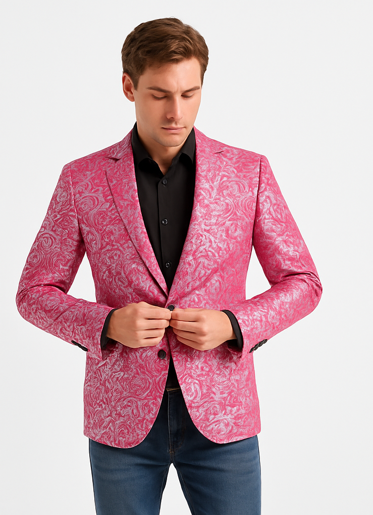 Alberto Nardoni Brand Fashion Men's shiny Fuchsia ~ black lapel blazer fashion pink sportcoat